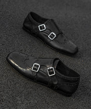 Black Embossed Cowhide Leather Splicing Loafers For Women