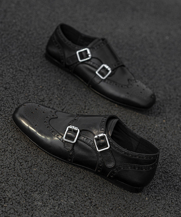 Black Embossed Cowhide Leather Splicing Loafers For Women