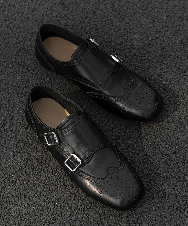Black Embossed Cowhide Leather Splicing Loafers For Women