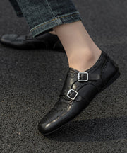 Black Embossed Cowhide Leather Splicing Loafers For Women