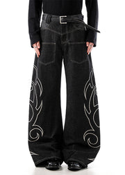 Black Embroideried Pockets Denim Men Wide Leg Pants High Waist