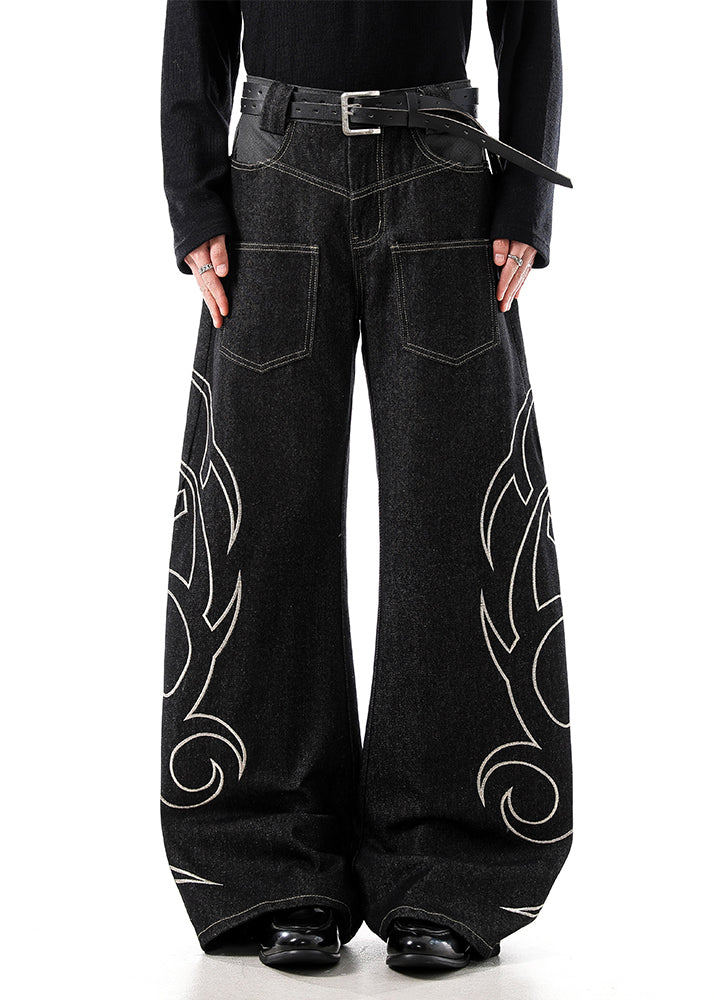 Black Embroideried Pockets Denim Men Wide Leg Pants High Waist