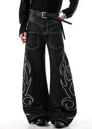 Black Embroideried Pockets Denim Men Wide Leg Pants High Waist