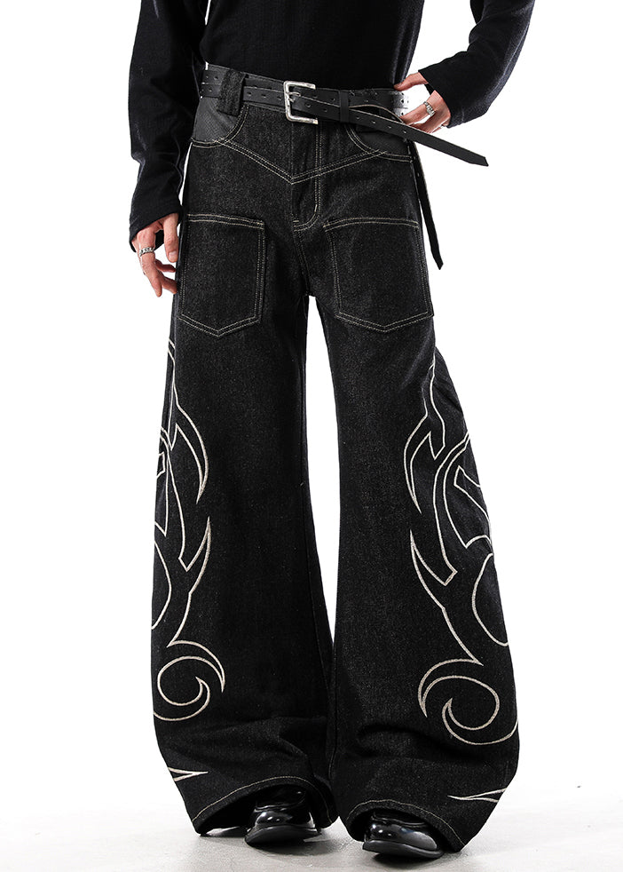 Black Embroideried Pockets Denim Men Wide Leg Pants High Waist