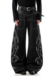 Black Embroideried Pockets Denim Men Wide Leg Pants High Waist