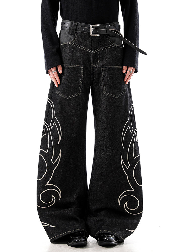 Black Embroideried Pockets Denim Men Wide Leg Pants High Waist