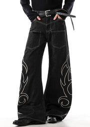 Black Embroideried Pockets Denim Men Wide Leg Pants High Waist