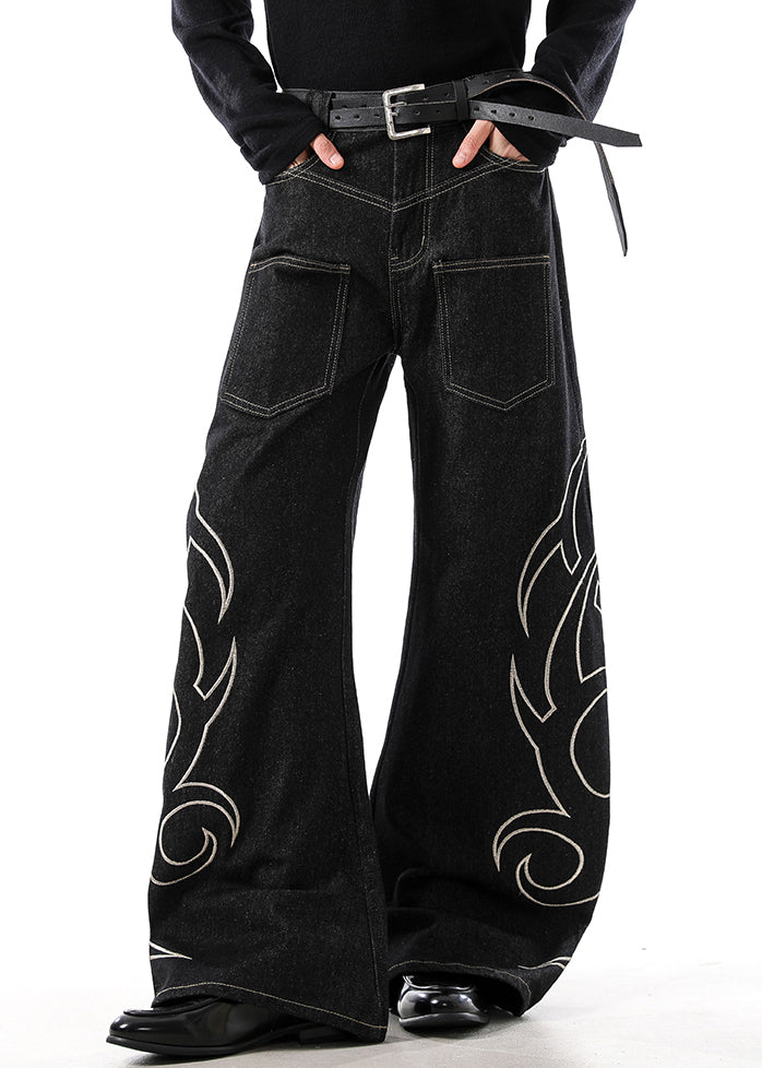 Black Embroideried Pockets Denim Men Wide Leg Pants High Waist