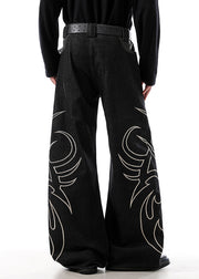 Black Embroideried Pockets Denim Men Wide Leg Pants High Waist