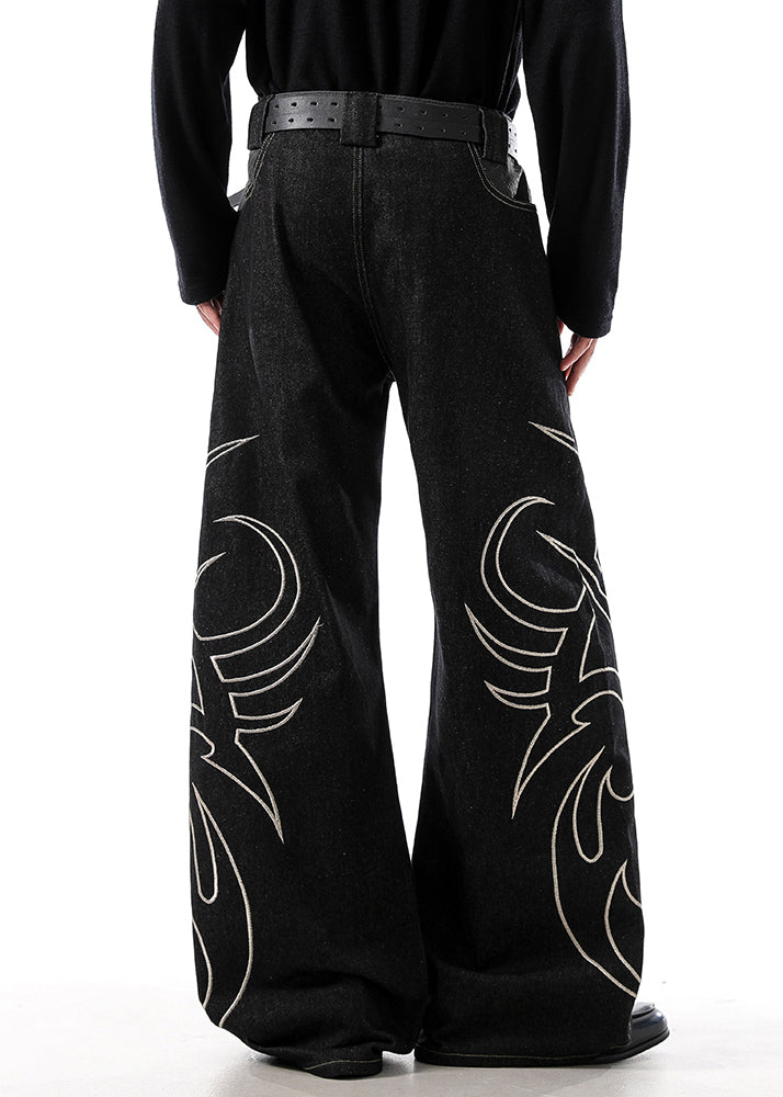 Black Embroideried Pockets Denim Men Wide Leg Pants High Waist