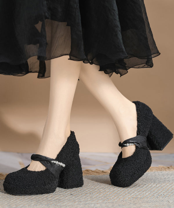 Black Faux Fur Stylish Splicing Chunky High Heels