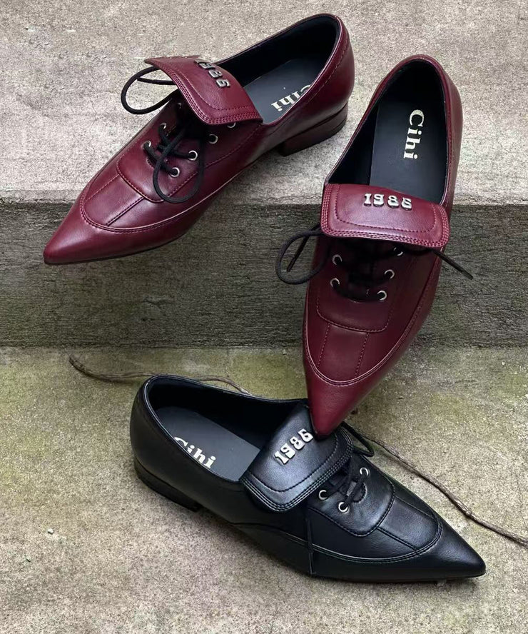 Black Faux Leather Chic Splicing Lace Up Pointed Toe Shoes