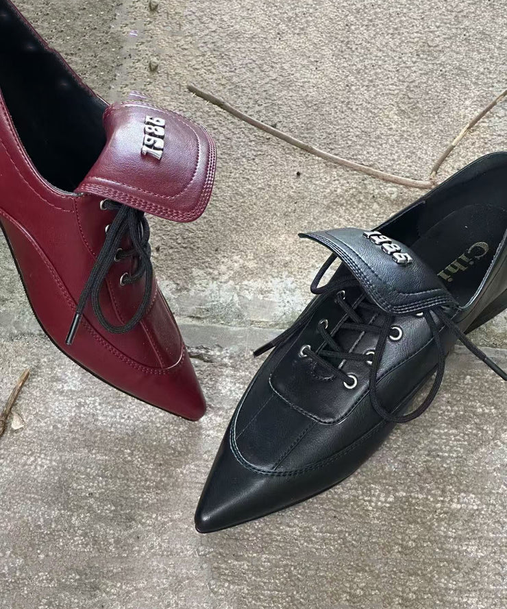 Black Faux Leather Chic Splicing Lace Up Pointed Toe Shoes