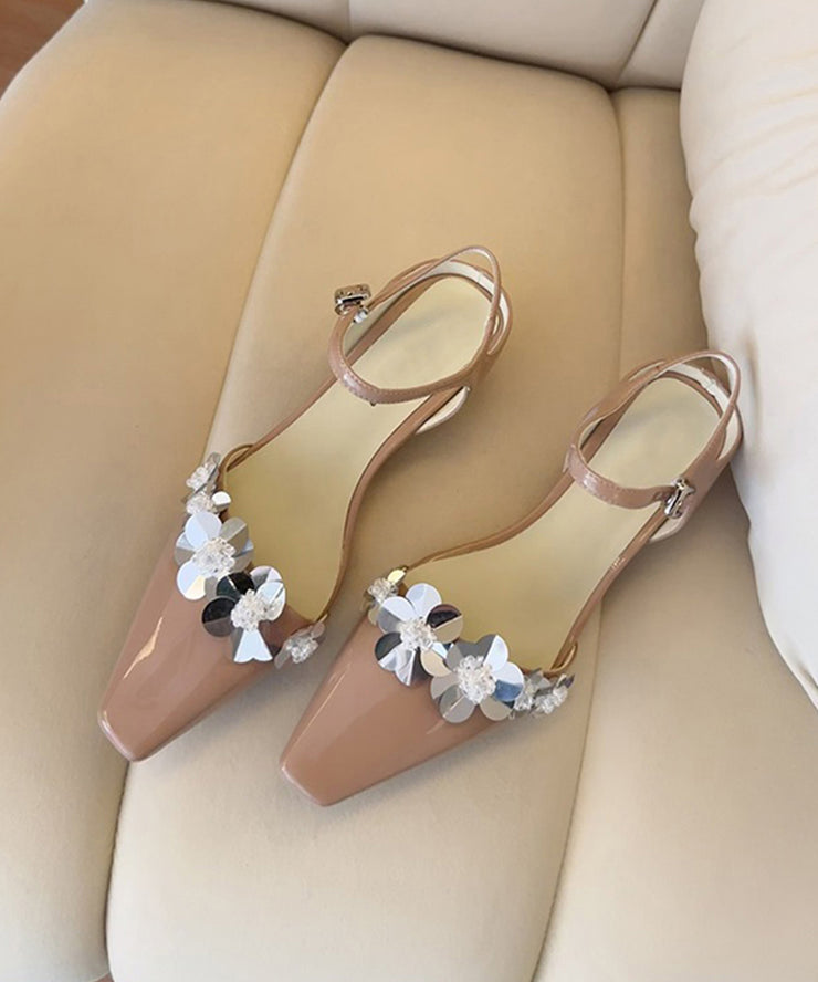 Black Faux Leather Splicing Floral Chunky Sandals