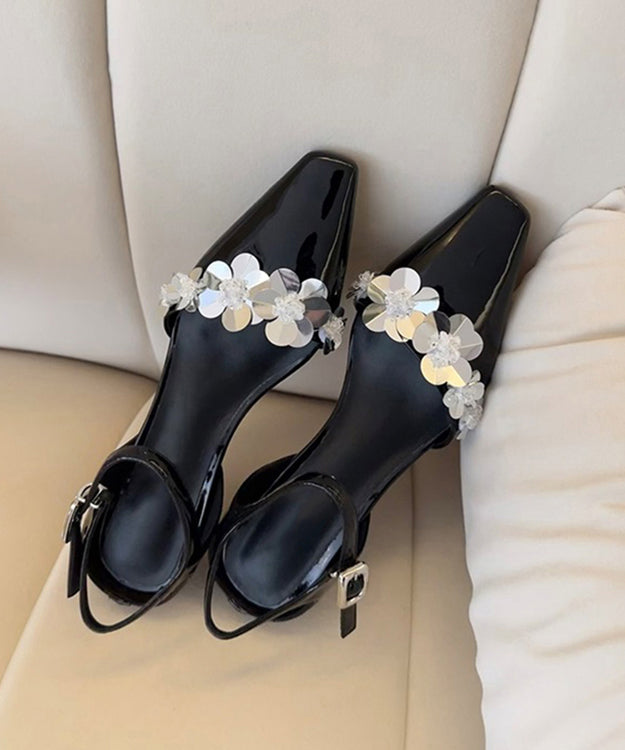 Black Faux Leather Splicing Floral Chunky Sandals