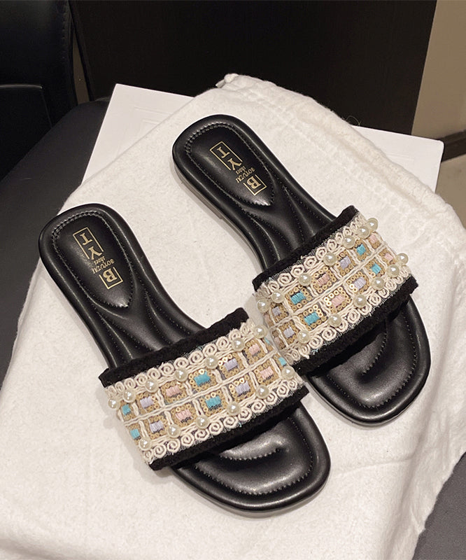 Black Faux Leather Splicing Slide Sandals Peep Toe Nail Bead
