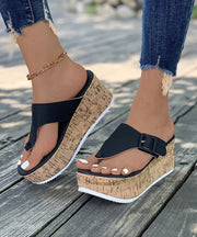 Black Faux Leather Splicing Wedge Heels Flip Flops