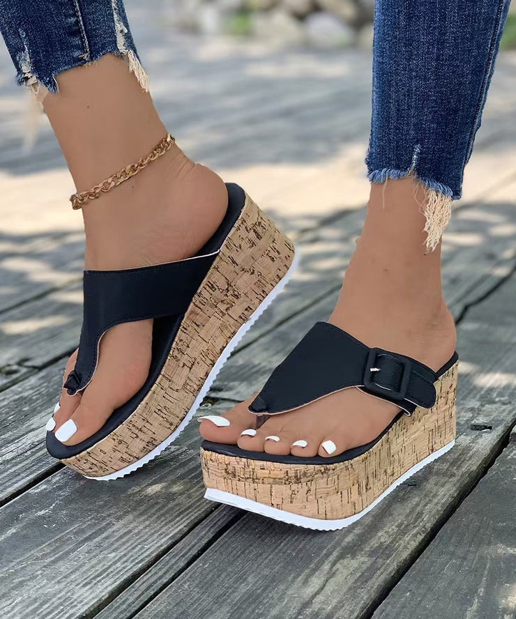 Black Faux Leather Splicing Wedge Heels Flip Flops
