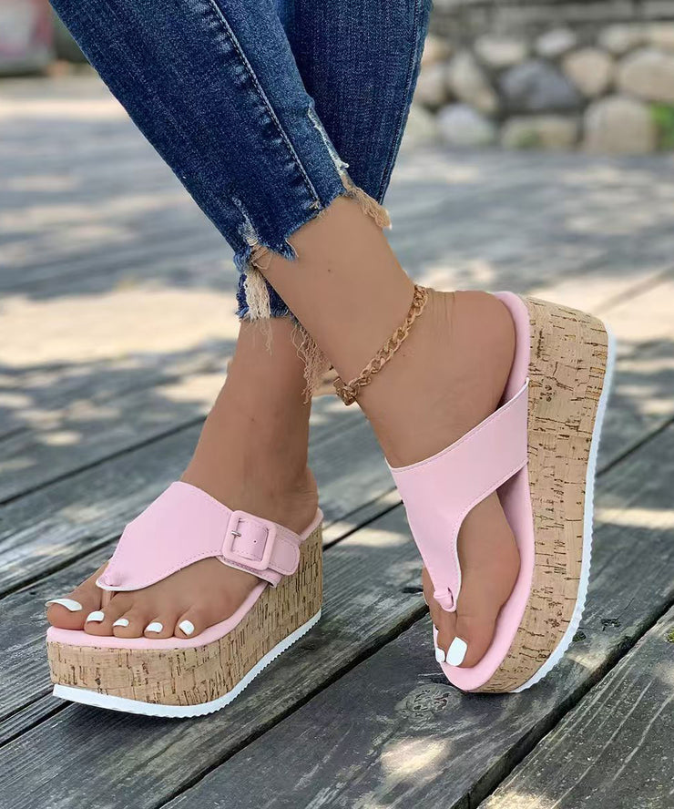 Black Faux Leather Splicing Wedge Heels Flip Flops