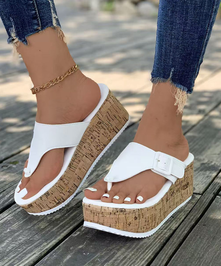 Black Faux Leather Splicing Wedge Heels Flip Flops