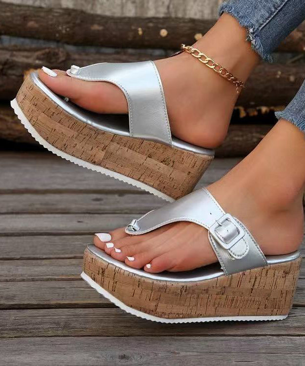 Black Faux Leather Splicing Wedge Heels Flip Flops