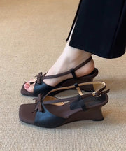Black Faux Leather Splicing Wedge Heels Sandals Peep Toe
