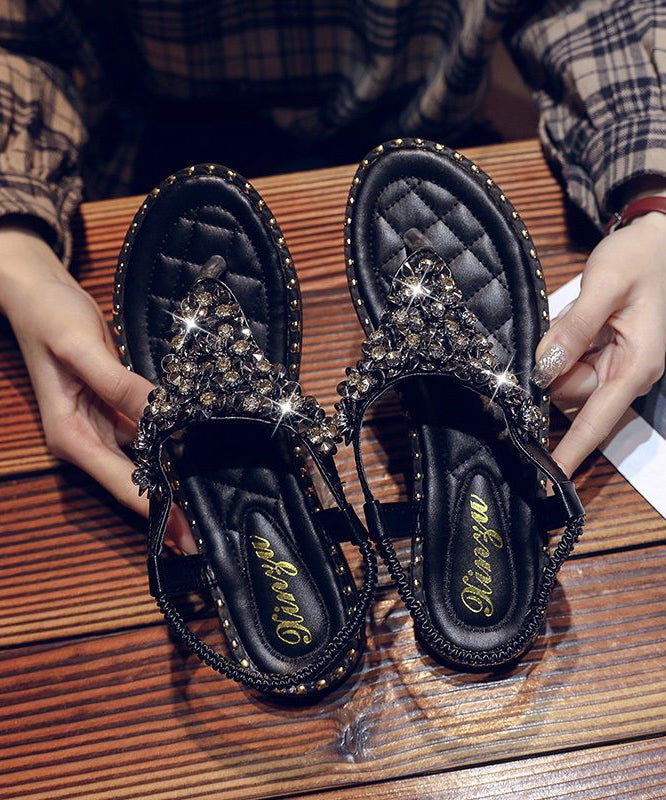 Black Faux Leather Zircon Splicing Flip Flops