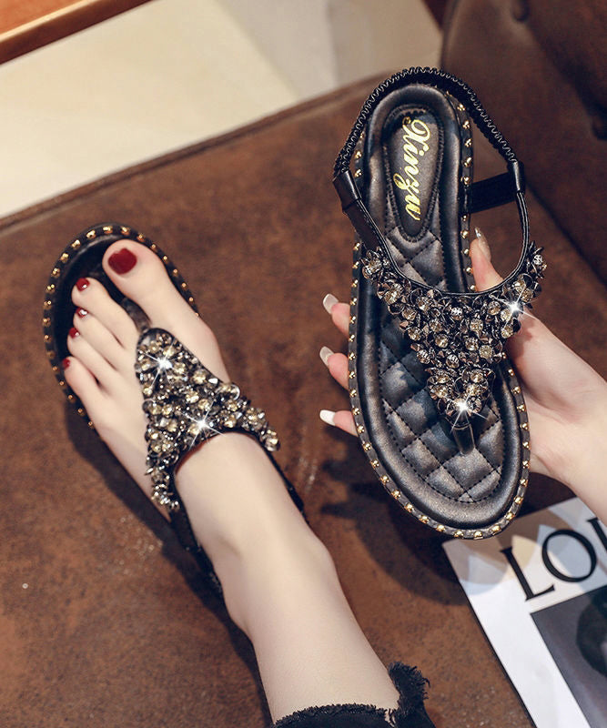 Black Faux Leather Zircon Splicing Flip Flops