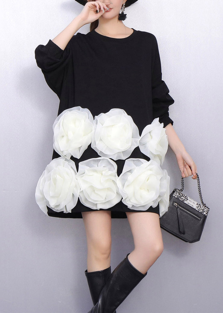 Black Floral Decorated Cotton Mid Dresses Oversized Spring