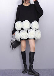 Black Floral Decorated Cotton Mid Dresses Oversized Spring