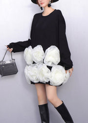 Black Floral Decorated Cotton Mid Dresses Oversized Spring