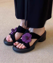 Black Floral Splicing Chunky Slide Sandals Peep Toe