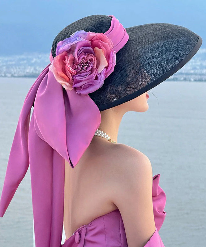 Black French Floral Bow Hat With A Large Brim
