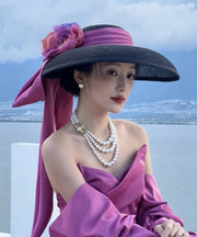 Black French Floral Bow Hat With A Large Brim