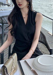 Black Front Open Lace Up Cotton Shirt V Neck Summer