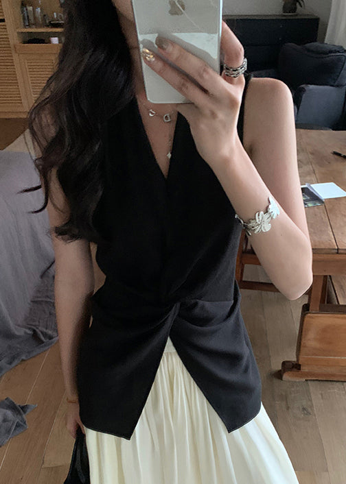 Black Front Open Lace Up Cotton Shirt V Neck Summer