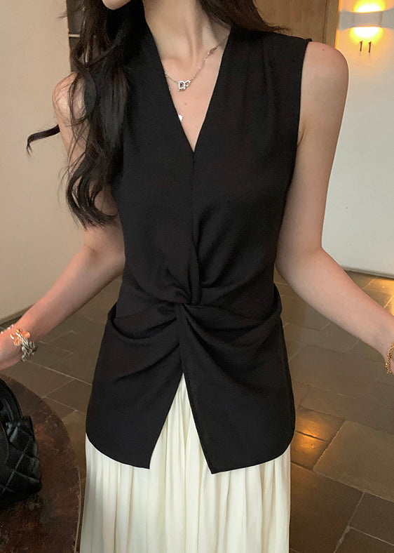 Black Front Open Lace Up Cotton Shirt V Neck Summer