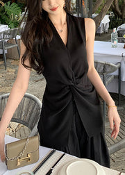 Black Front Open Lace Up Cotton Shirt V Neck Summer