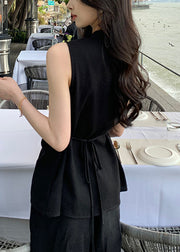 Black Front Open Lace Up Cotton Shirt V Neck Summer