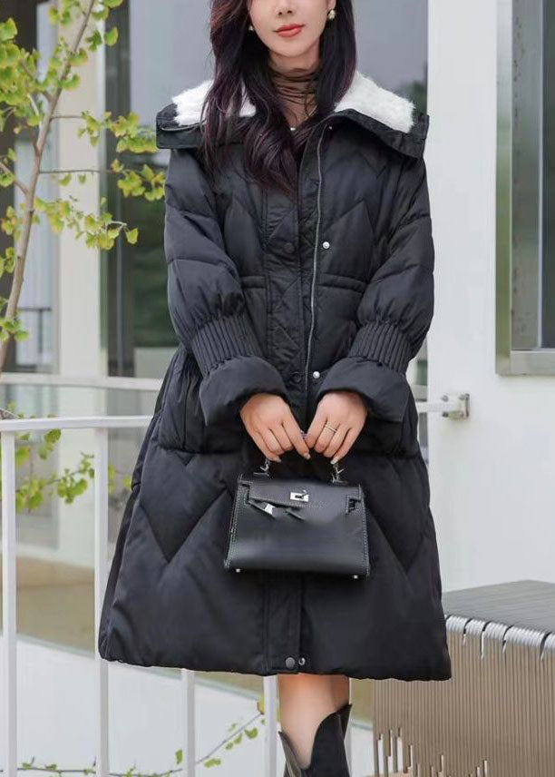 Black Fur Collar Pockets Elastic Waist Maxi Parka Winter