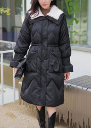 Black Fur Collar Pockets Elastic Waist Maxi Parka Winter