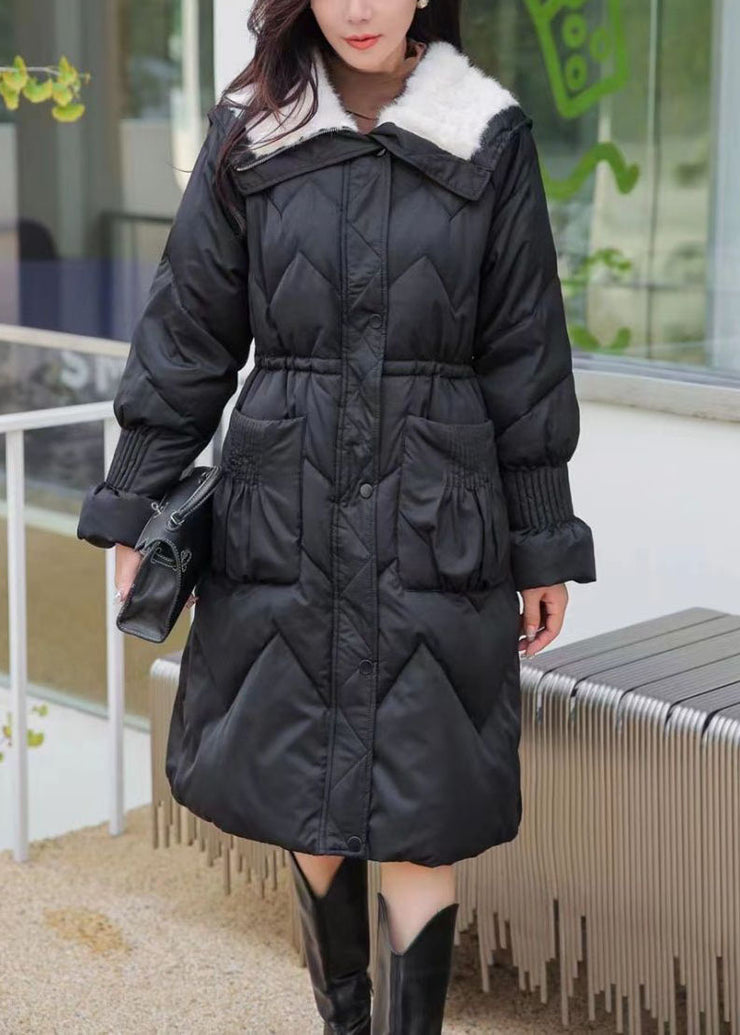 Black Fur Collar Pockets Elastic Waist Maxi Parka Winter