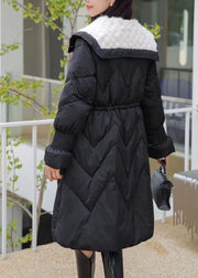 Black Fur Collar Pockets Elastic Waist Maxi Parka Winter