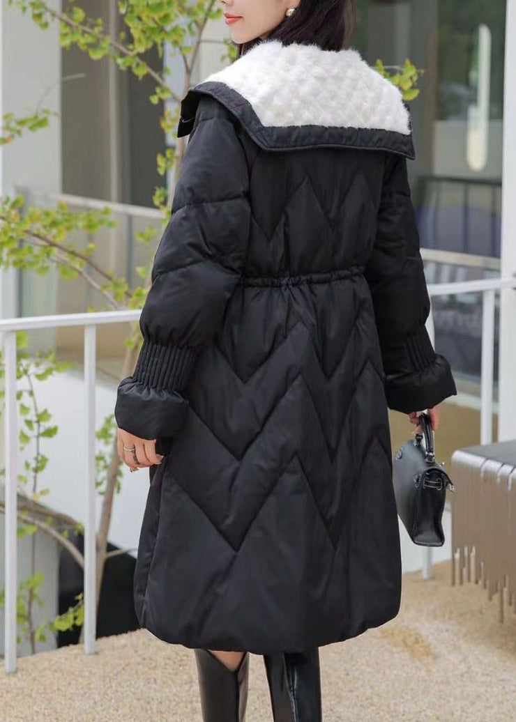 Black Fur Collar Pockets Elastic Waist Maxi Parka Winter