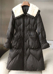 Black Fur Collar Pockets Elastic Waist Maxi Parka Winter