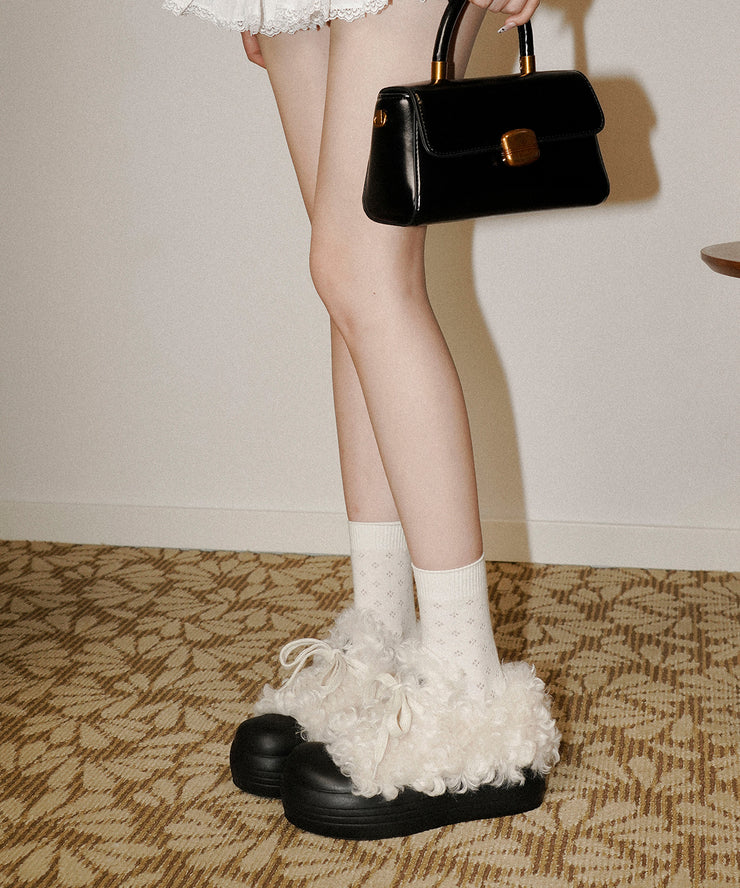 Black Fuzzy Wool Lined Platform Faux Leather Boutique Splicing Flat Feet Shoes