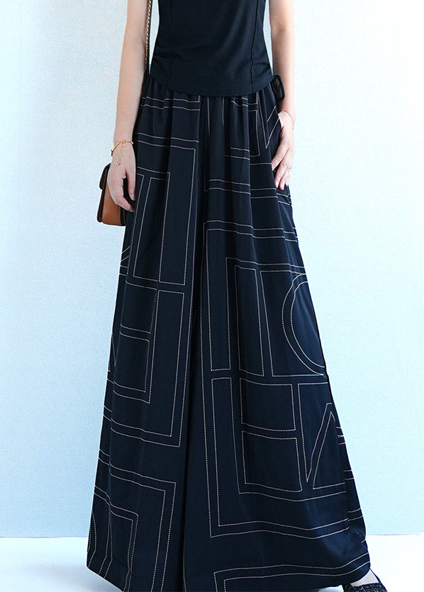 Black Geometric Pockets Cotton Wide Leg Pants Elastic Waist Summer