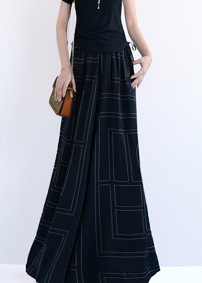 Black Geometric Pockets Cotton Wide Leg Pants Elastic Waist Summer