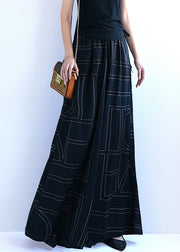 Black Geometric Pockets Cotton Wide Leg Pants Elastic Waist Summer