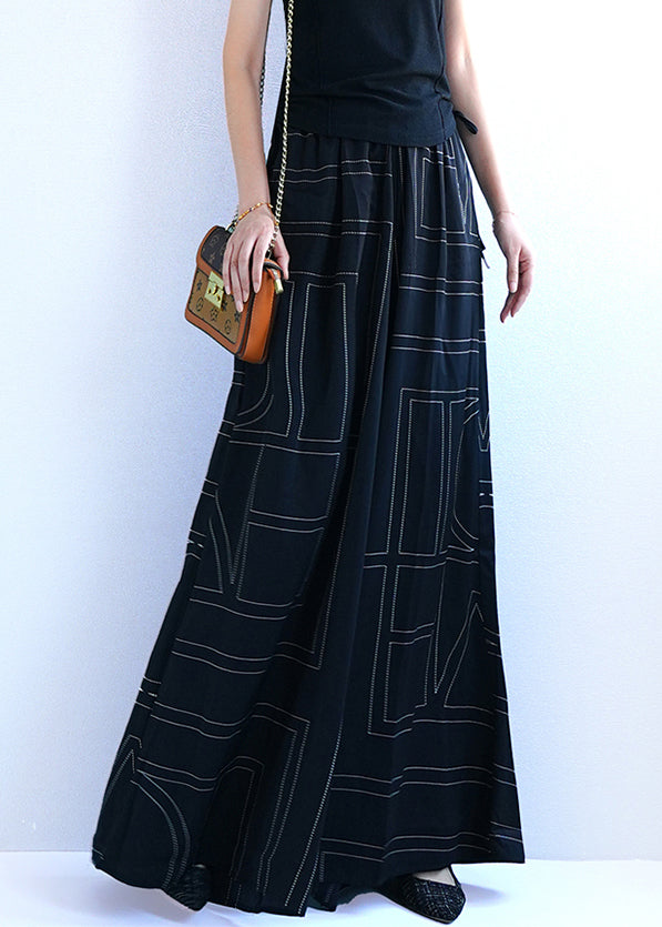 Black Geometric Pockets Cotton Wide Leg Pants Elastic Waist Summer